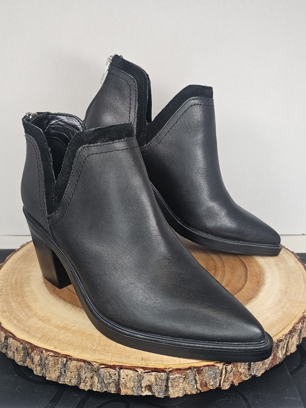 Vince Camuto Black Pointed Leather Ankle Booties with Suede Trim